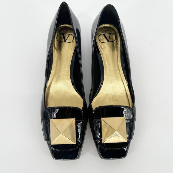 Valentino Black Patent Leather One Stud Square Toe Ballet Flat size EU 38 - Picture 6 of 13